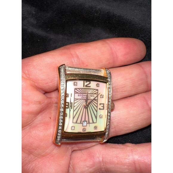 STUHRLING ART DECO DAISY OPALESCENT STAINLESS STEEL WATCH W/ GENUINE DIAMONDS